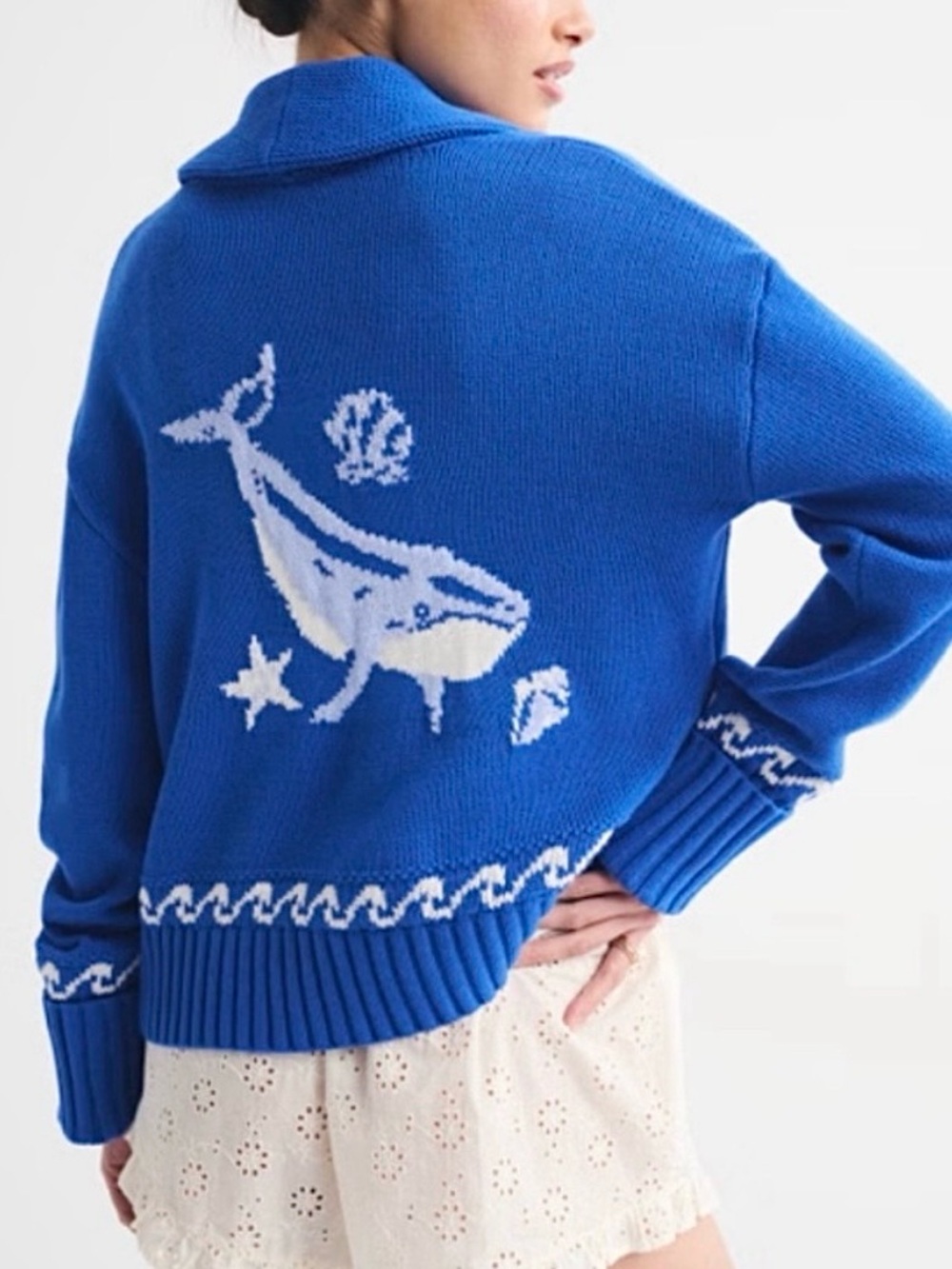 Abercrombie & Fitch Whale Cardigan NWT Nautical Blue White Shawl Collar Medium